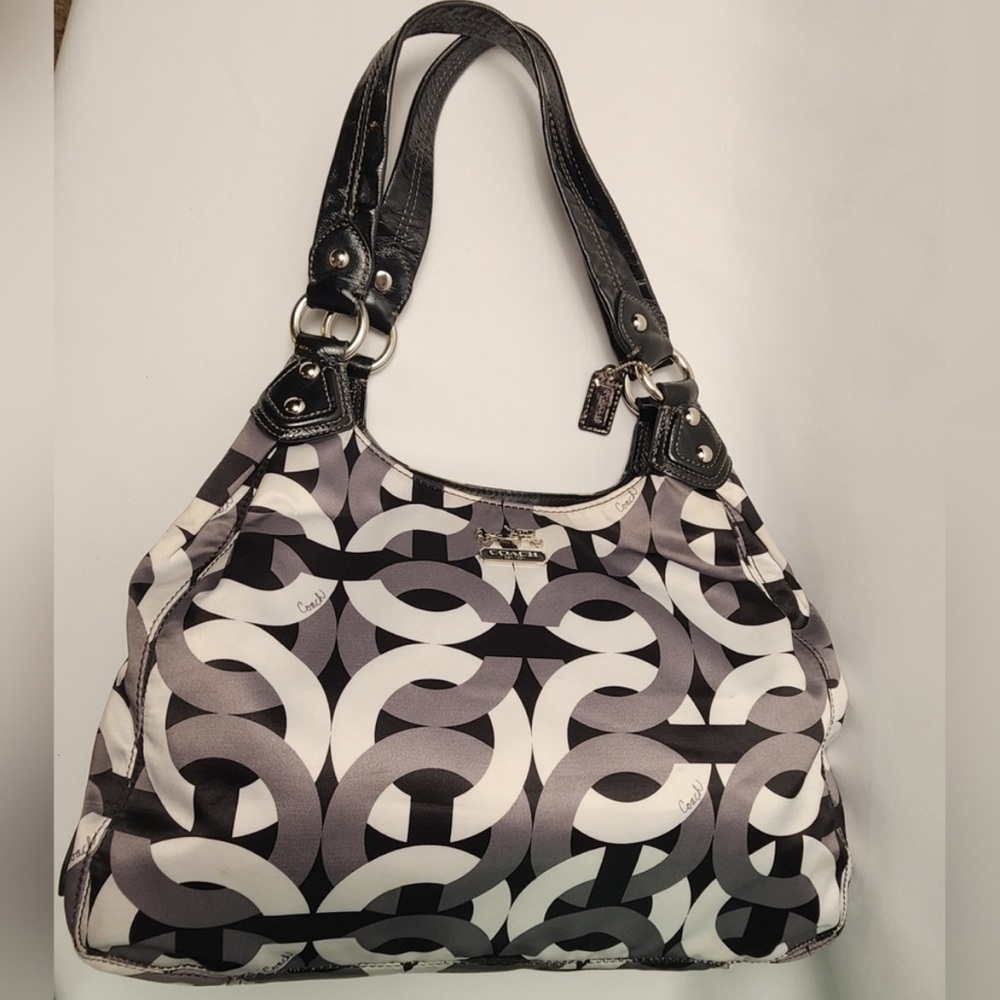 Coach Madison Black & Gray Shoulder Bag with Geometric Logo Pattern